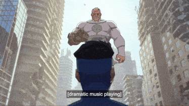 a cartoon of a man standing in front of a giant superhero with the caption dramatic music playing