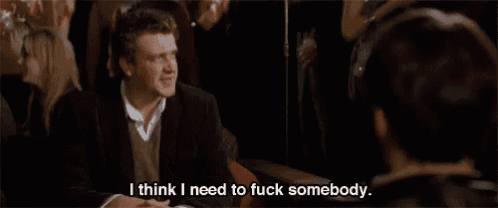 a man in a suit is talking to another man and says " i think i need to fuck somebody " .