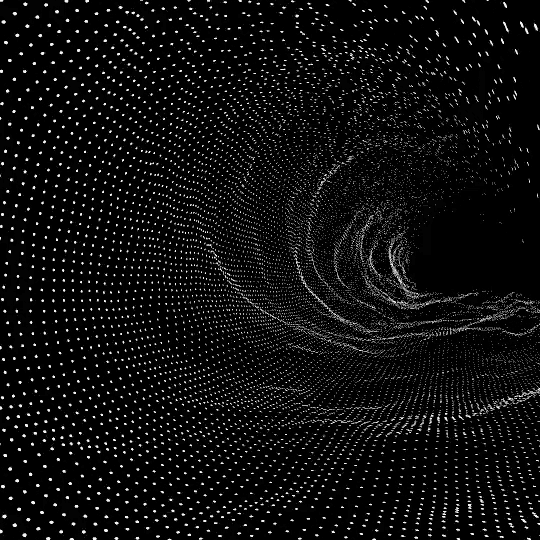 a black and white image of a wave in a tunnel of dots .