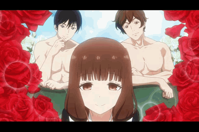 a girl in a bathtub with two men in the background