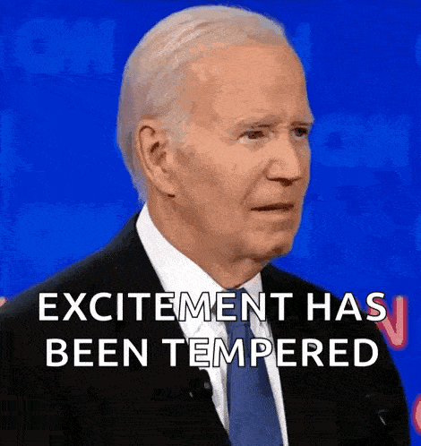 a man in a suit and tie is saying excitement has been tempered