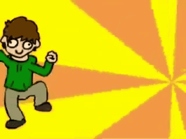a cartoon of a boy in a green shirt is dancing .