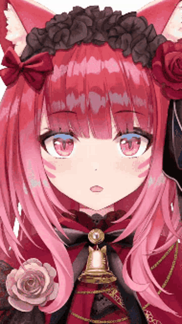 a close up of a girl with pink hair wearing a bell