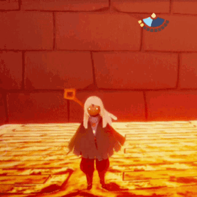 a cartoon character is standing in front of a red wall