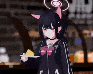 a anime girl with cat ears is holding a piece of cheese .