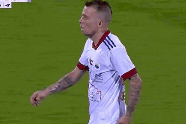 a soccer player wearing a white jersey with the number 5 on it stands on a field