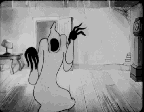 a black and white cartoon of a ghost coming out of a door in a room .