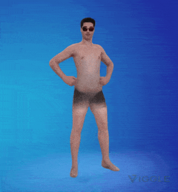 a man without a shirt is dancing in front of a blue background
