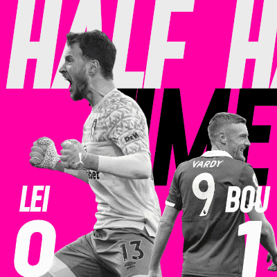 two soccer players on a pink background with the words half time on the top