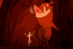 a cartoon character from the lion king is standing next to a warthog .