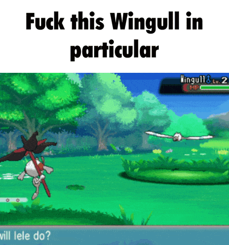 a screenshot of a video game with the words " fuck this wingull in particular " at the top