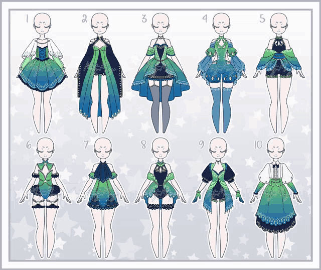 a drawing of a girl wearing different dresses with the number 1 through 10 on the bottom