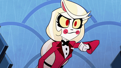 a cartoon character wearing a red and white suit and bow tie