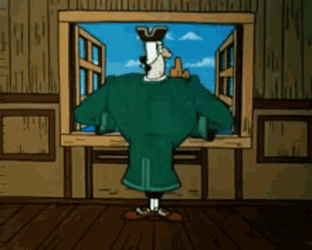 a cartoon of a man in a green coat looking out a window