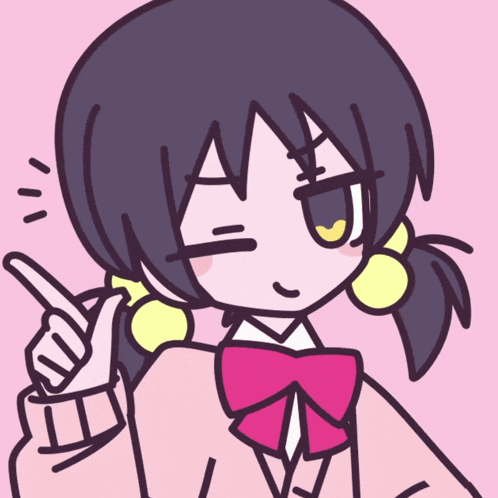 a drawing of a girl with a pink bow tie pointing up