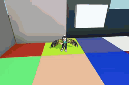 a cartoon character with wings is standing on a multicolored floor