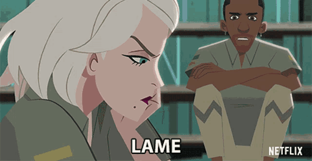 a cartoon of a woman sitting next to a man with the word lame on it