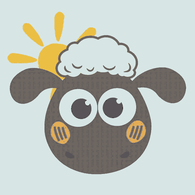 a cartoon illustration of a sheep with a yellow sun behind it
