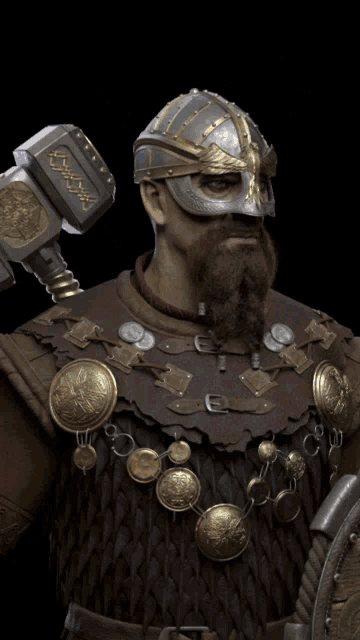 a man with a beard is wearing a helmet with horns on it