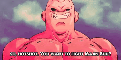 a cartoon character from dragon ball z is talking about fighting majin buu .