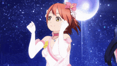 a girl in a white dress with a flower in her hair stands in front of a full moon