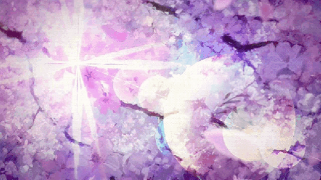 a painting of a tree with purple flowers and a light shining through them