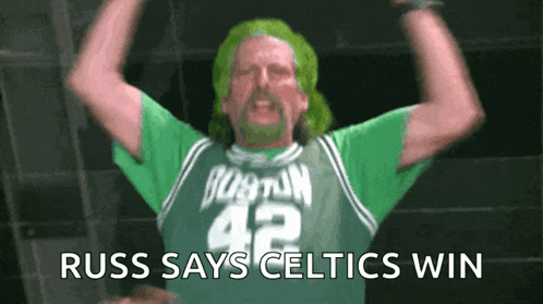 a man wearing a green jersey with the number 42 on it says russ says celtics win