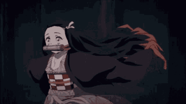 a little girl with long hair is running in a dark forest .