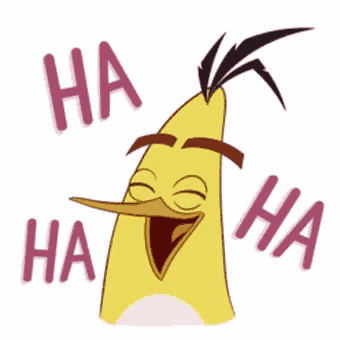 a sticker of a yellow angry bird laughing with the words ha ha ha