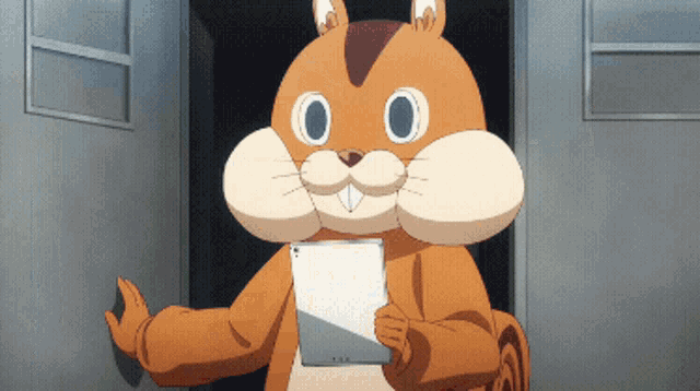 a cartoon squirrel is holding a white tablet