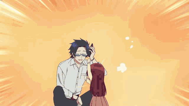 a man is kneeling down next to a little girl who is wearing glasses