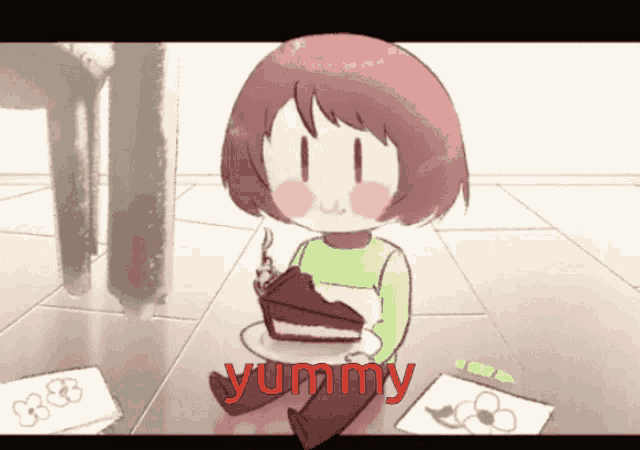 a cartoon of a girl sitting on the floor eating a piece of cake with the word yummy in red