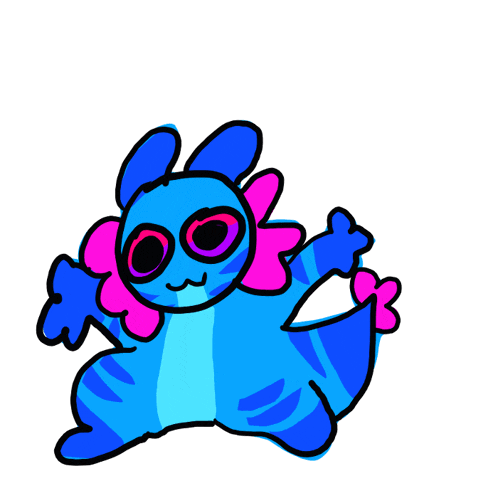 a cartoon drawing of a blue and pink monster with big eyes