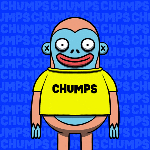 a cartoon monkey wearing a yellow shirt that says chumps