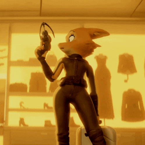 a cartoon fox is holding a gun in front of a window