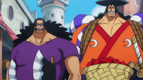 a couple of cartoon characters standing next to each other with one holding a basket of apples