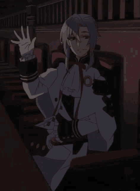 a cartoon character is sitting in a dark room waving his hand
