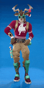 a reindeer wearing a red sweater and green pants holds a candy cane
