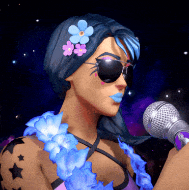 a woman with sunglasses and flowers in her hair singing into a microphone