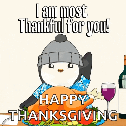 a penguin holding a turkey and a glass of wine says " i am most thankful for you happy thanksgiving "