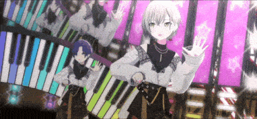 a group of anime characters are playing a piano on a stage .