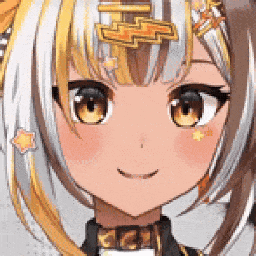 a close up of a anime girl 's face with a sword in her hair .