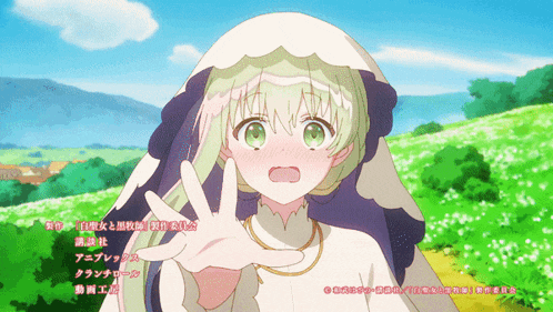 a girl with green hair is giving a peace sign in front of a field of flowers