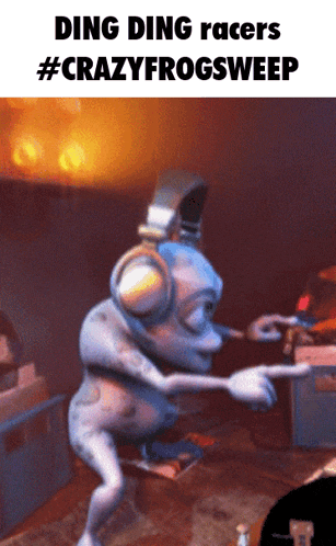 a picture of a frog wearing headphones with the words ding ding racers #crazyfrogsweep