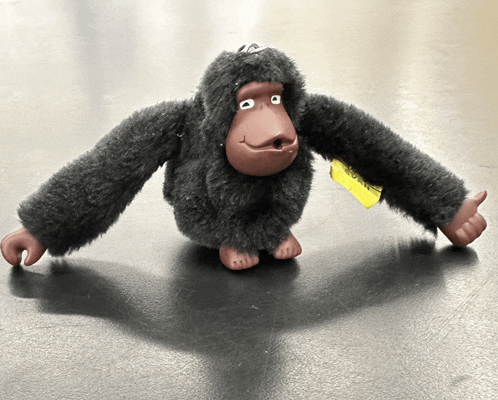 a black stuffed monkey with a yellow tag that says ' monkey ' on it
