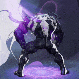 a man in a venom costume is standing in a dark room with a purple light behind him