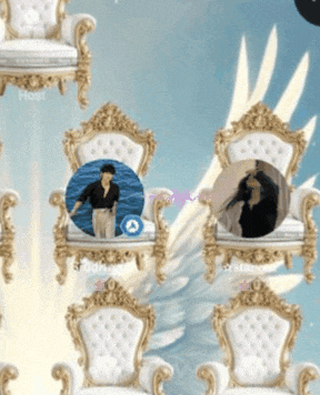 a man in a black shirt is sitting in a chair with a picture of him in a circle