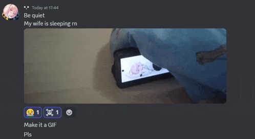 a screenshot of a discord chat with a picture of a phone and the words be quiet my wife is sleeping