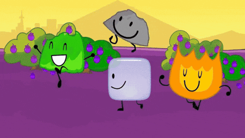 a group of cartoon characters are standing next to each other on a purple background and smiling .