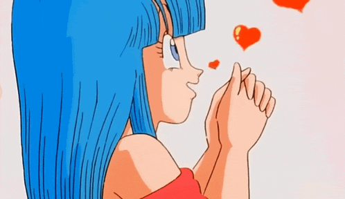 a girl with blue hair blowing a kiss with red hearts around her